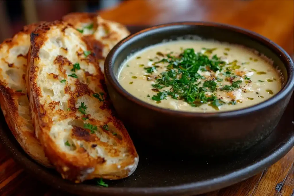 Sliced sourdough garlic bread with parsley garnish and a bowl of soup.