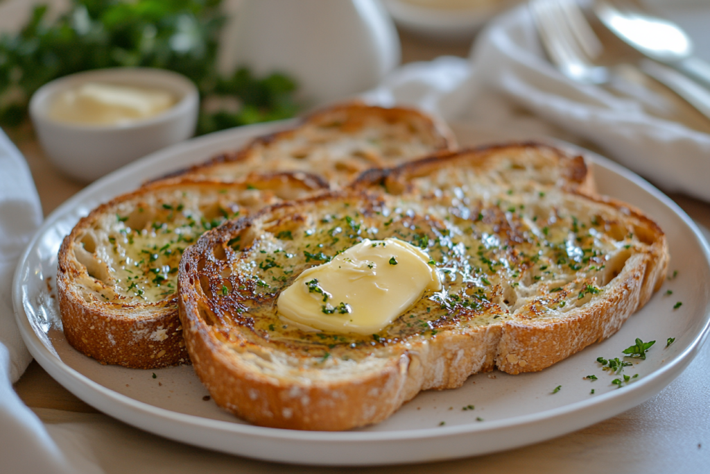 A plate of golden brown toasted bread topped with melting butter and sprinkled with herbs.