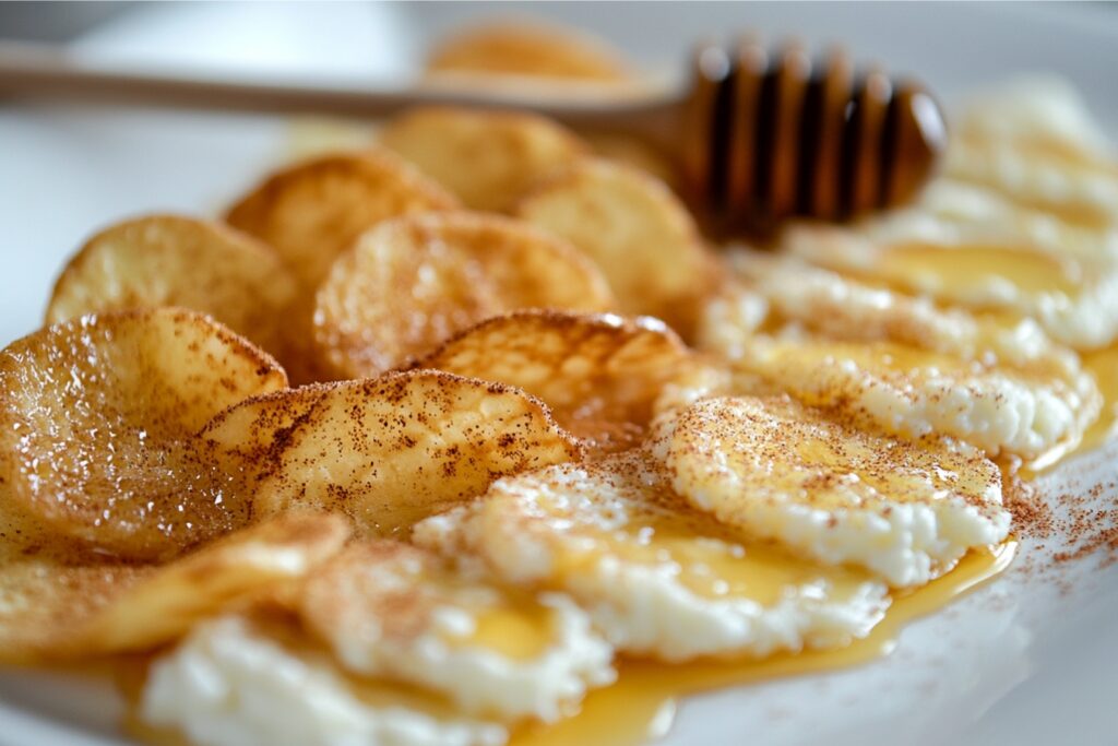 Cottage cheese chips with a drizzle of honey and cinnamon